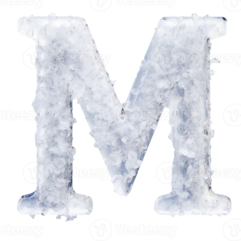 English letter M whose texture is like piles of white crystalline. letter M isolated on transparent png