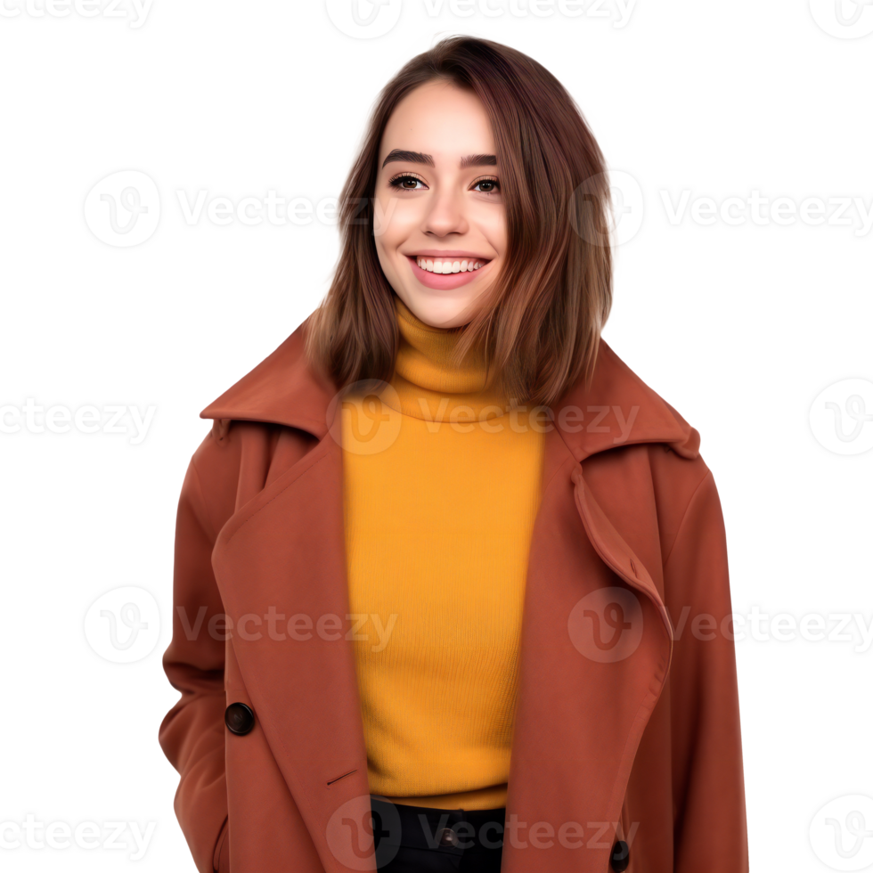 brunette smiling young woman wearing a coat and orange sweater. young woman isolated on transparent png