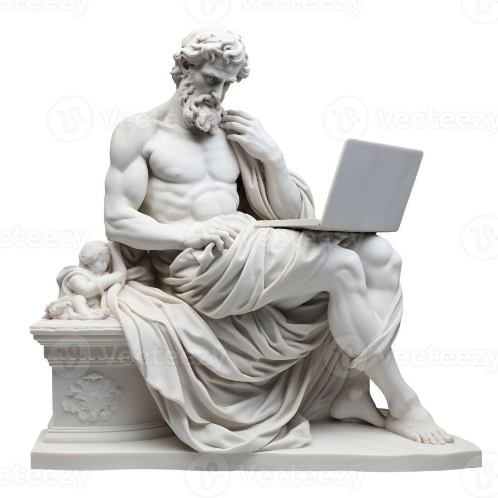 classic gypsum statue of man using laptop. Statue with a laptop in his lap. isolated on transparent png