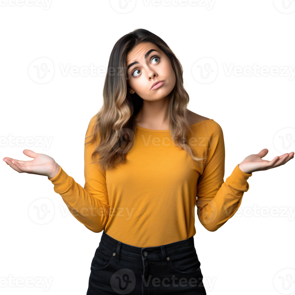 I don't know. a woman in a yellow jacket stands with her arms raised. woman isolated on transparent png
