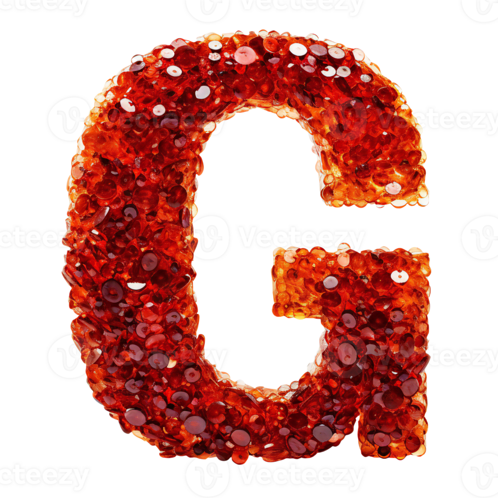 English letter G whose texture is like piles of red crystals. isolated on transparent. alphabet png
