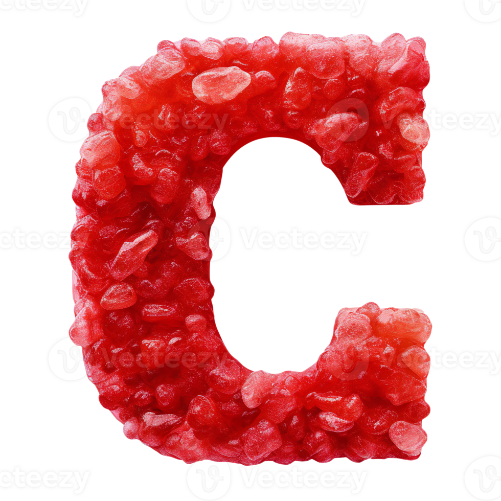 English letter C whose texture is like piles of red crystals. letter C isolated on transparent png