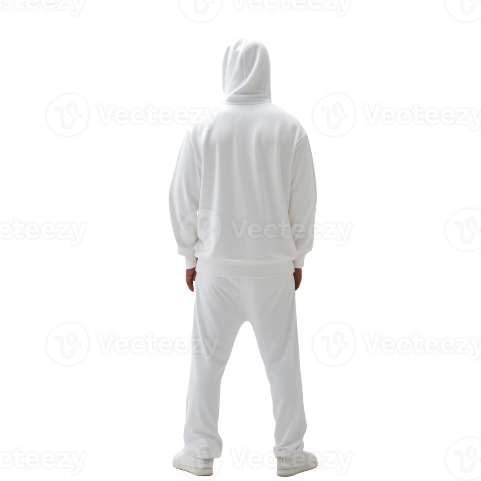 Back view of young men athlete. Guy in white tracksuit looks away isolated on transparent png