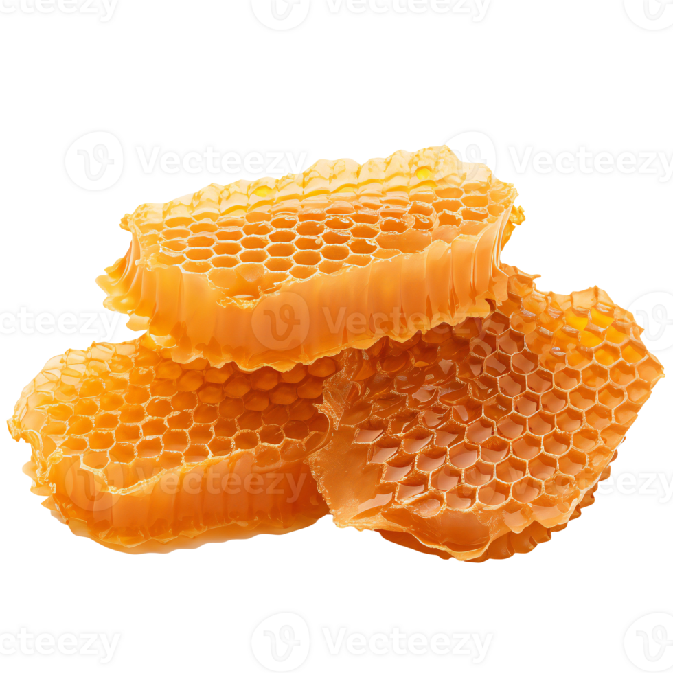 Honeycombs with flowing honey syrup isolated on transparent png