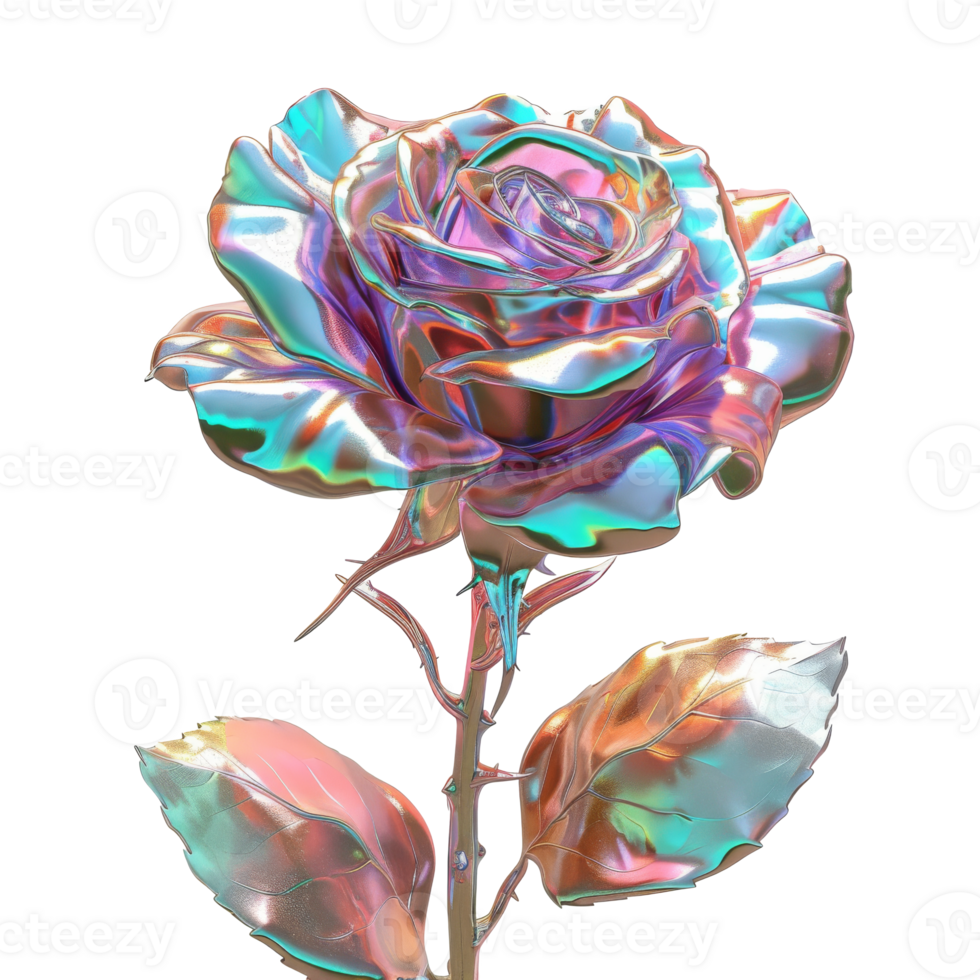 3D iridescent material rose isolated png