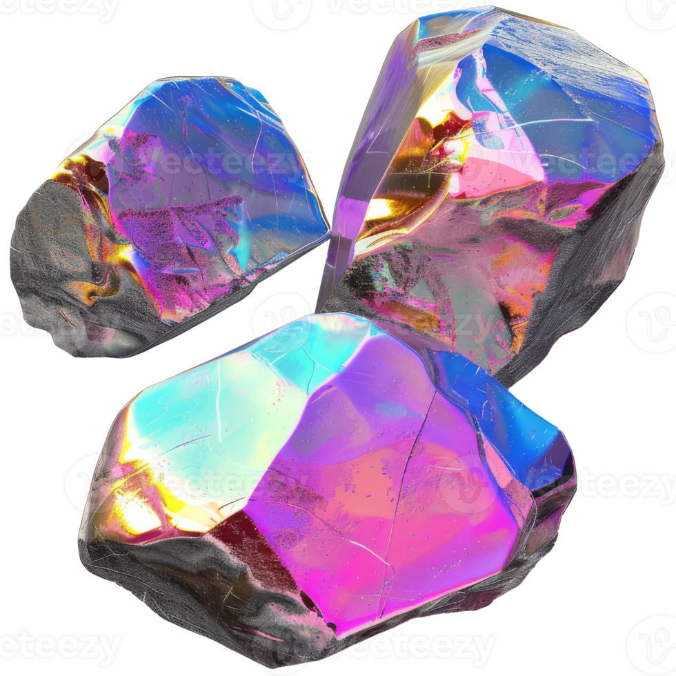 3D render of holographic rock shapes, isolated png