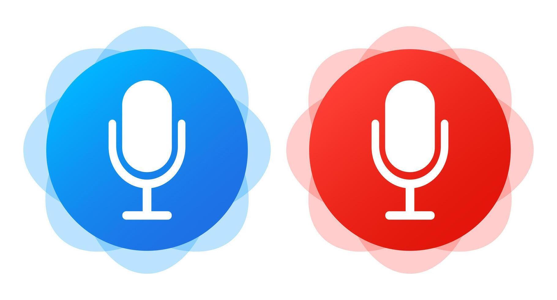 Microphones in blue and red circles. Voice message recorder, media, online communication, correspondence, messenger, mail, send, messaging, texting, search by sound, social media. illustration vector
