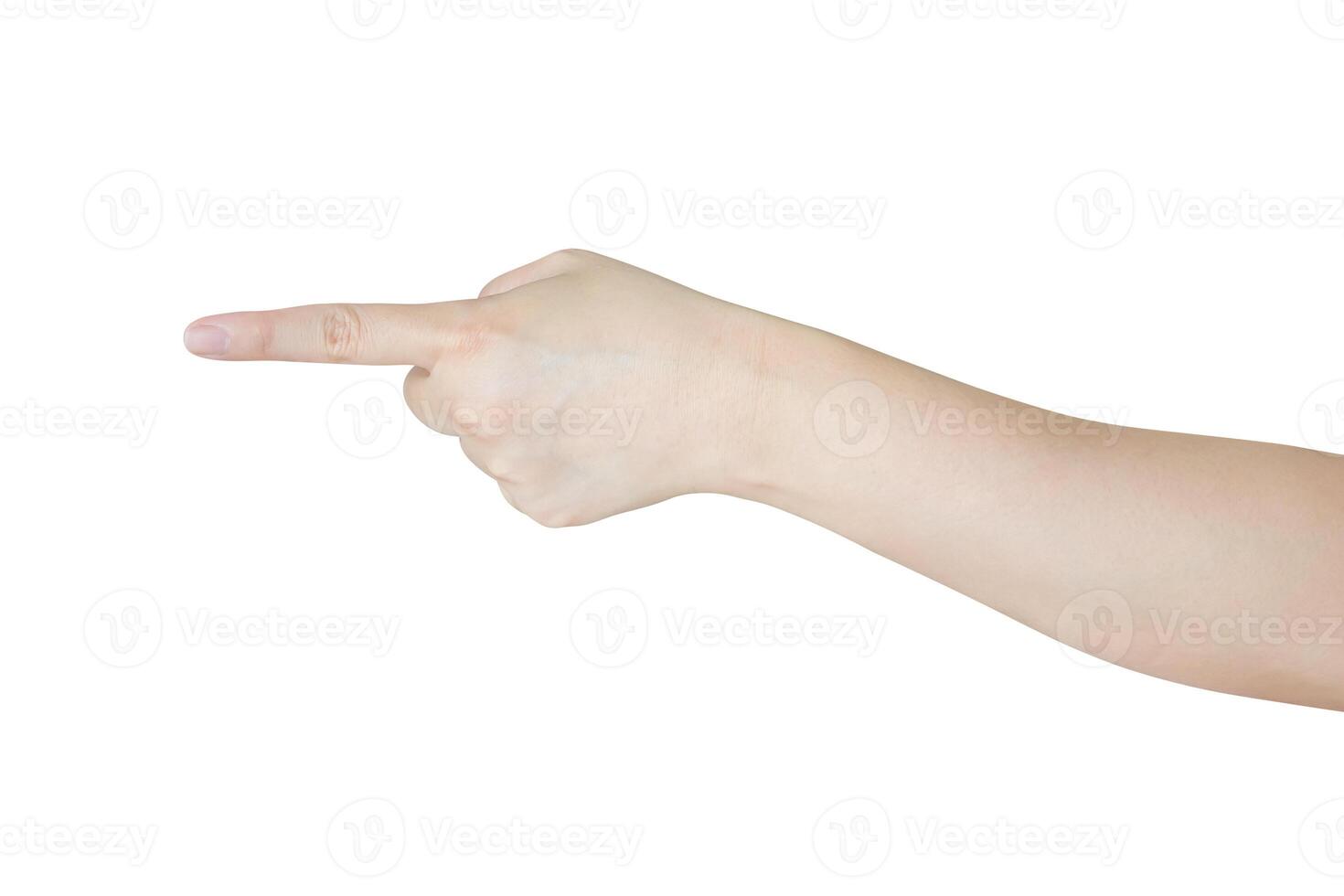 female hand touching or pointing to something isolated on white background photo