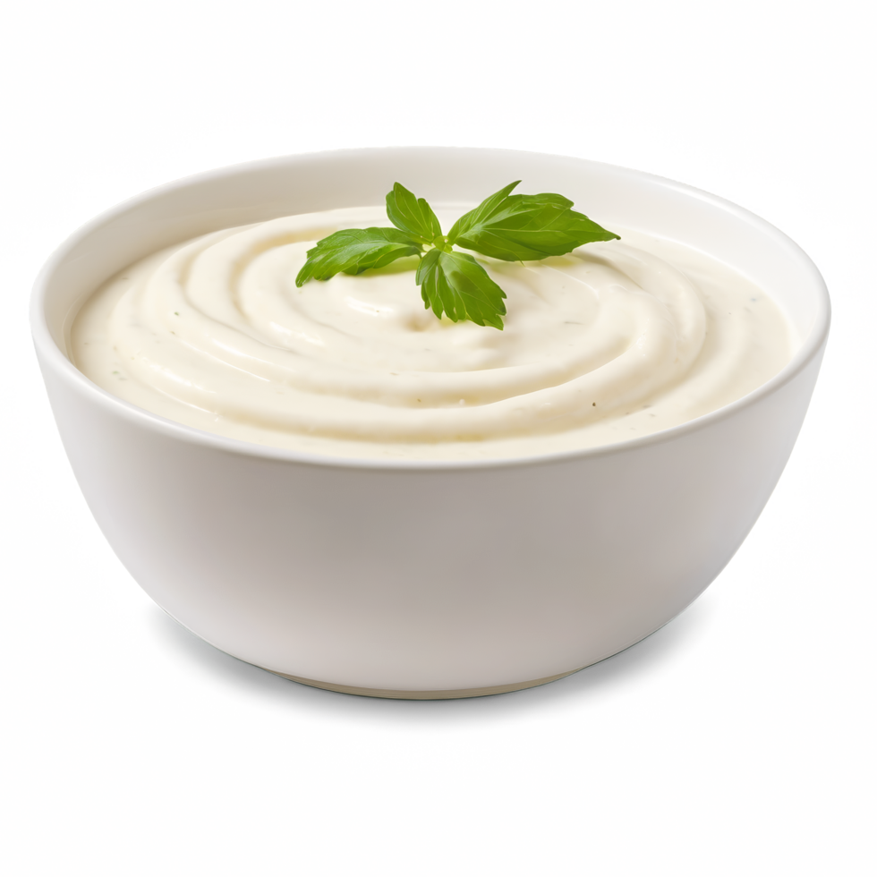 Bowl with white mayonnaise dip isolated on transparent background png