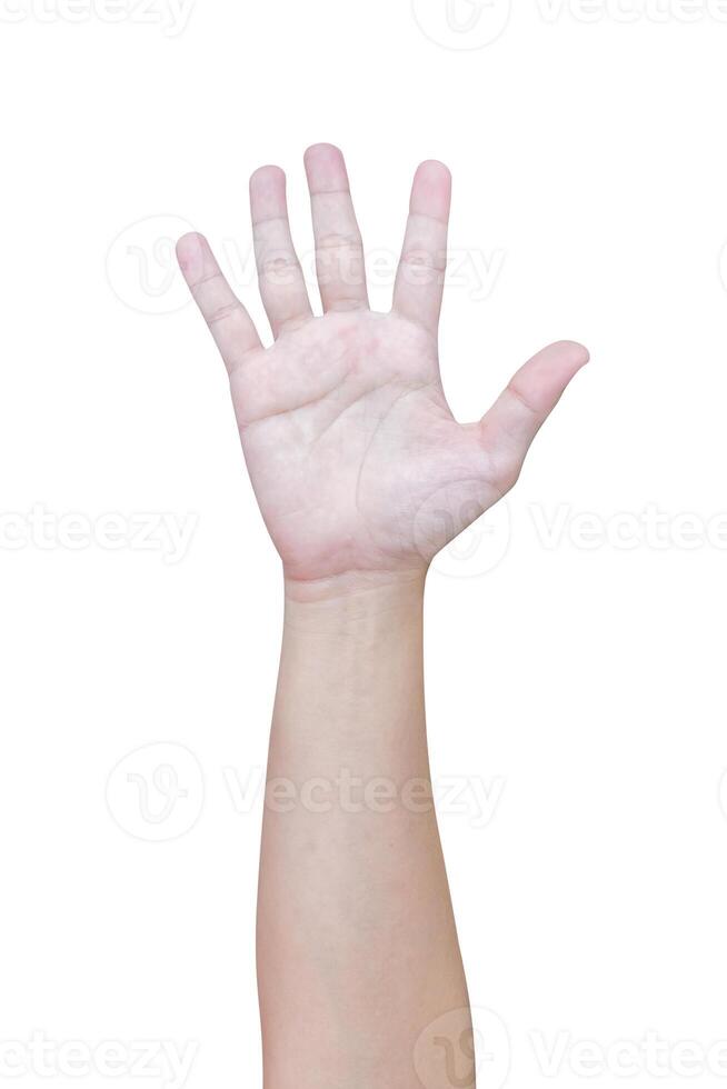 man hand gesture show number five sign isolated on white background photo
