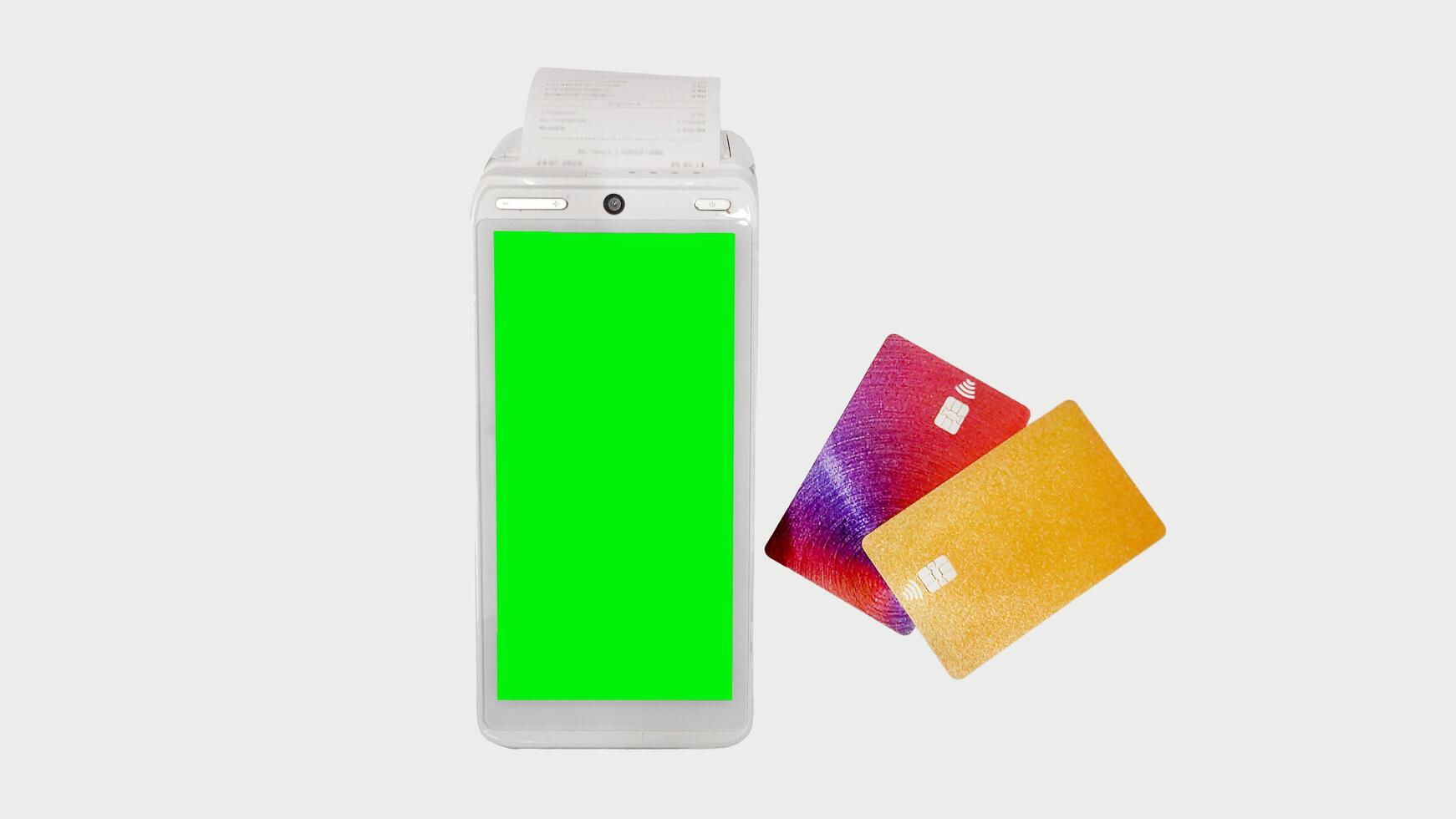 POS terminal, terminal for payment by credit and debit cards with check isolated on white background. photo