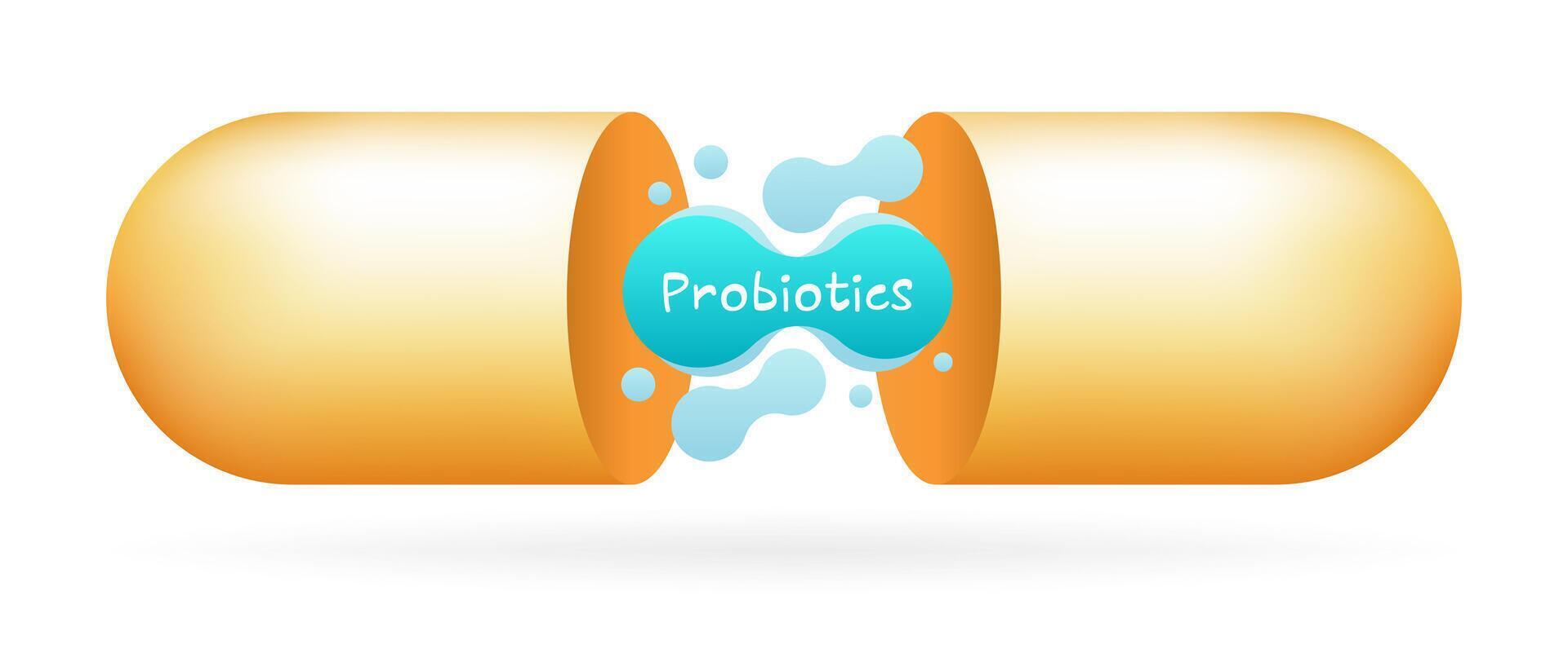 Yellow open capsule with probiotics inside. Digestion intestinal microflora immunity. Soluble shell, fluids, medicine, pill, treatment, healthcare, vitamin, dietary supplements, science, pharmacology vector