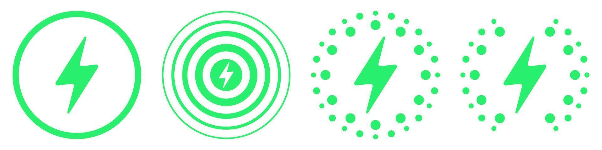 Charging sign. Circles, dots around lightning. Electricity, green energy, eco friendly, ecology, rechargeable, power supply, battery accumulator, electric car station, fast charge, clean environment vector