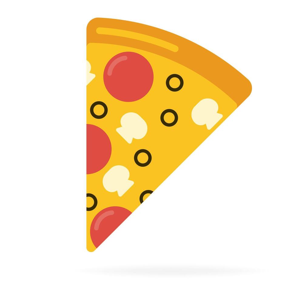 A slice of pizza with yellow melted cheese, mushrooms, sausage and olives. Salami, pepperoni, mozzarella, champignons. Fast food, tasty, fatty, takeaway, street food, delivery, eat, enjoy vector