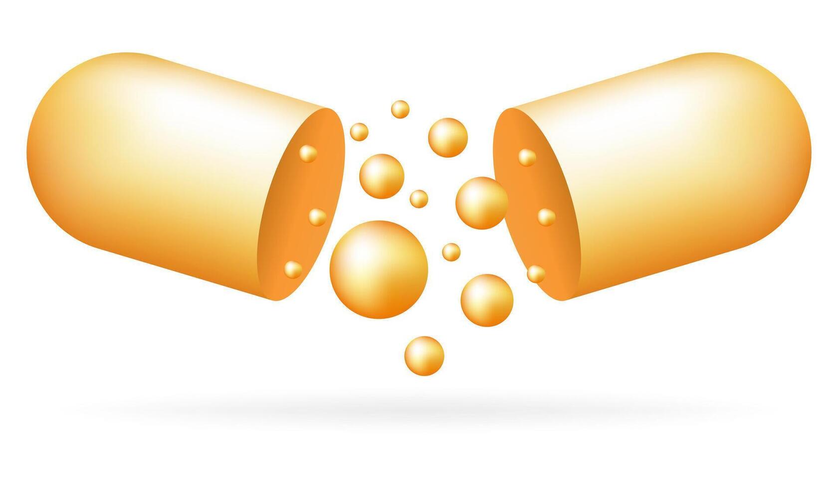 Yellow open capsule. Golden soluble shell, drops inside, fluids, substance, medicine, pill, medicament, treatment, healthcare, vitamins, dietary supplements, science, chemistry, pharmacology. vector