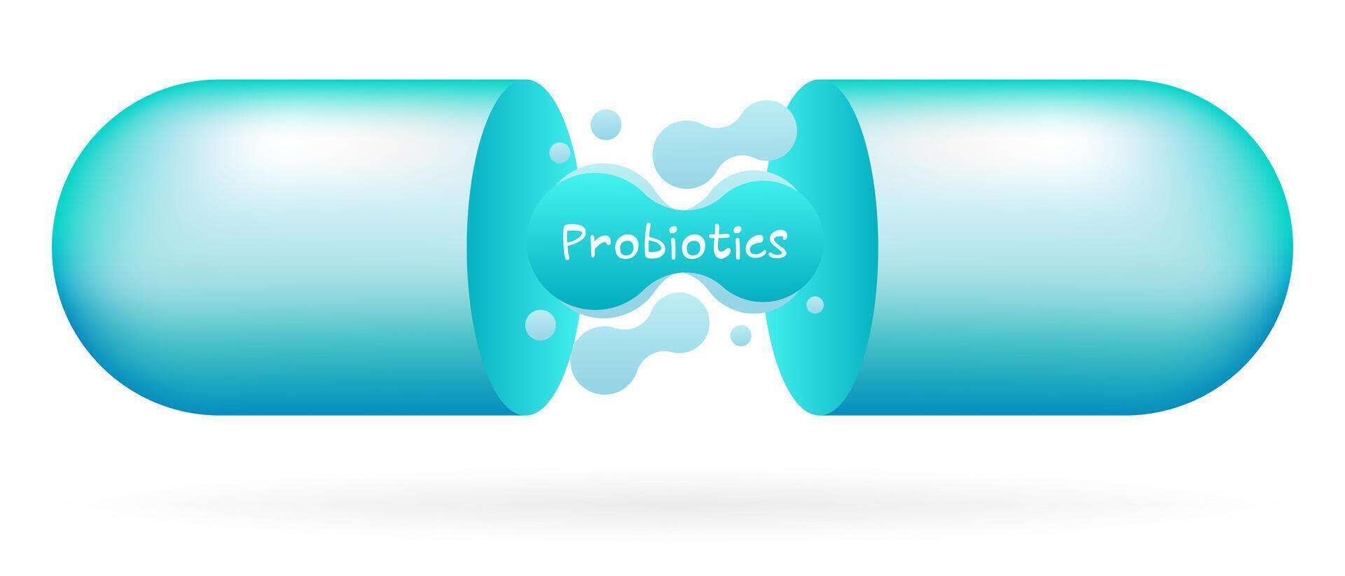 Blue open capsule with probiotics inside. Digestion, intestinal microflora, immunity. Soluble shell, fluids, medicine, pill, treatment, healthcare, vitamin, dietary supplements, science, pharmacology vector