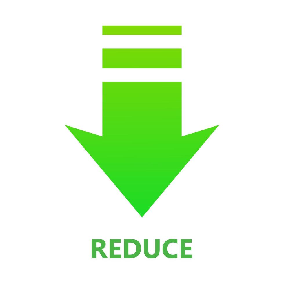 Reduce. Green arrow down, usage, clean environment, pollution, save the planet, ecology, nature, zero waste, reuse, recycle, eco, biodegradable materials, natural, organic, microplastics. vector