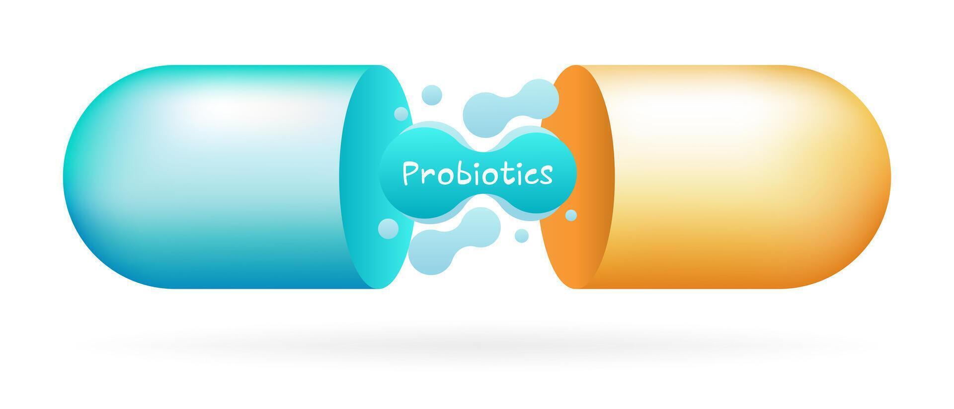 Blue and yellow open capsule with probiotics inside. Digestion, intestinal microflora, immunity. Soluble shell, fluids, medicine, pill, treatment, healthcare, vitamin, dietary supplements, science vector