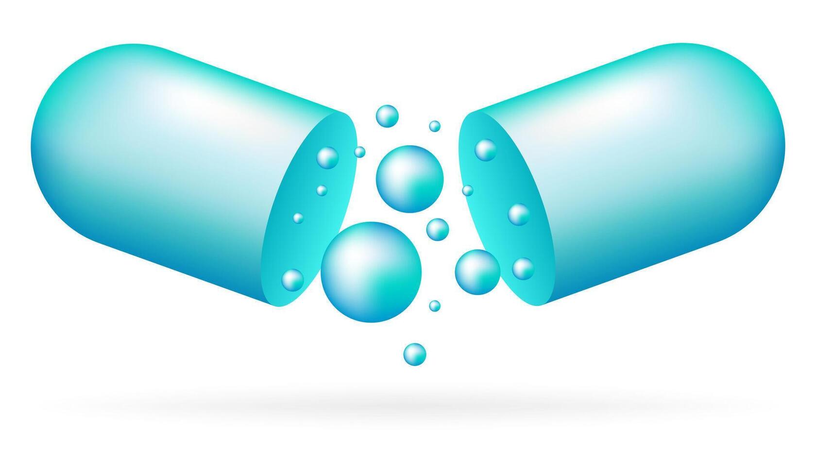 Blue open capsule. Soluble shell, drops inside, fluids, substance, medicine, pill, medicament, treatment, healthcare, vitamins, dietary supplements, science, chemistry, pharmacology. vector