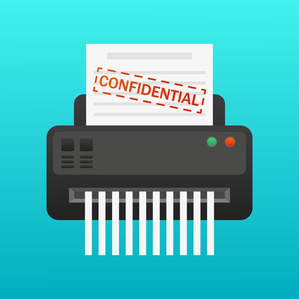 Paper shredder. Sheet with the inscription confidential. Destroy secret documents, office equipment, device, black accounting, carry out fraudulent activities, fraud, protection, unauthorized access vector