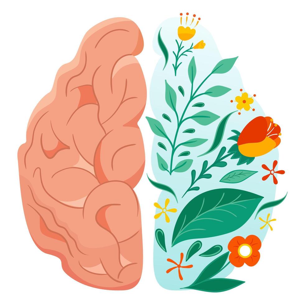 Mental health matters. Healthcare, half blue brain with flowers an leaves, plants, calm, tranquility, serenity, psychotherapy, pure thoughts, self care, psychology, psyche, problem solving vector