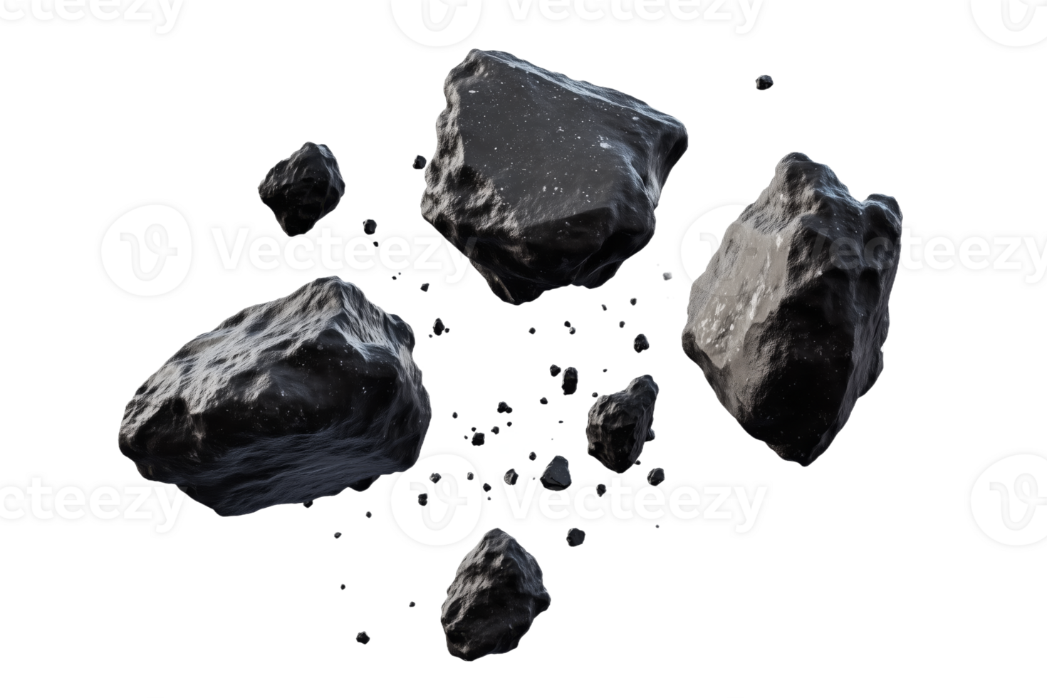 Fragments of Black Space Rocks Floating in Zero Gravity png