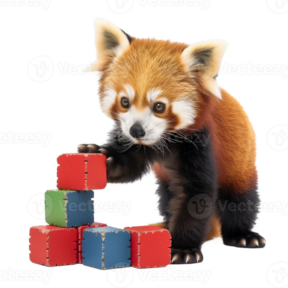 Playful Young Red Panda Engaged with Colorful Blocks png