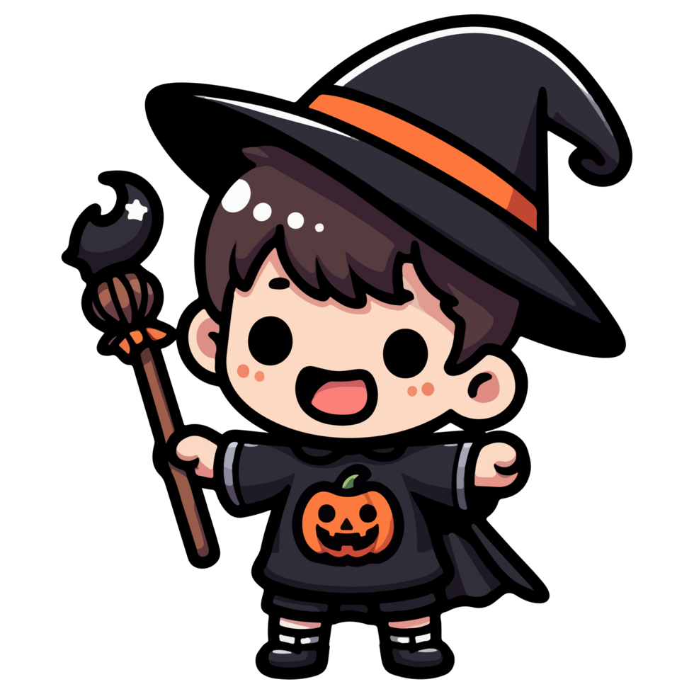 Sticker illustration of a cartoon boy wearing a wizard outfit, Helloween celebration concept png