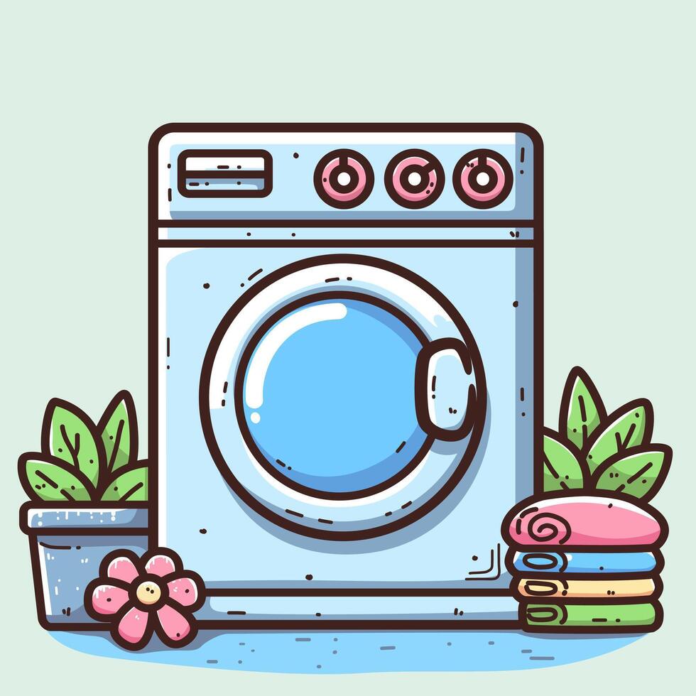 Cartoon of blue washing machine with outline style vector
