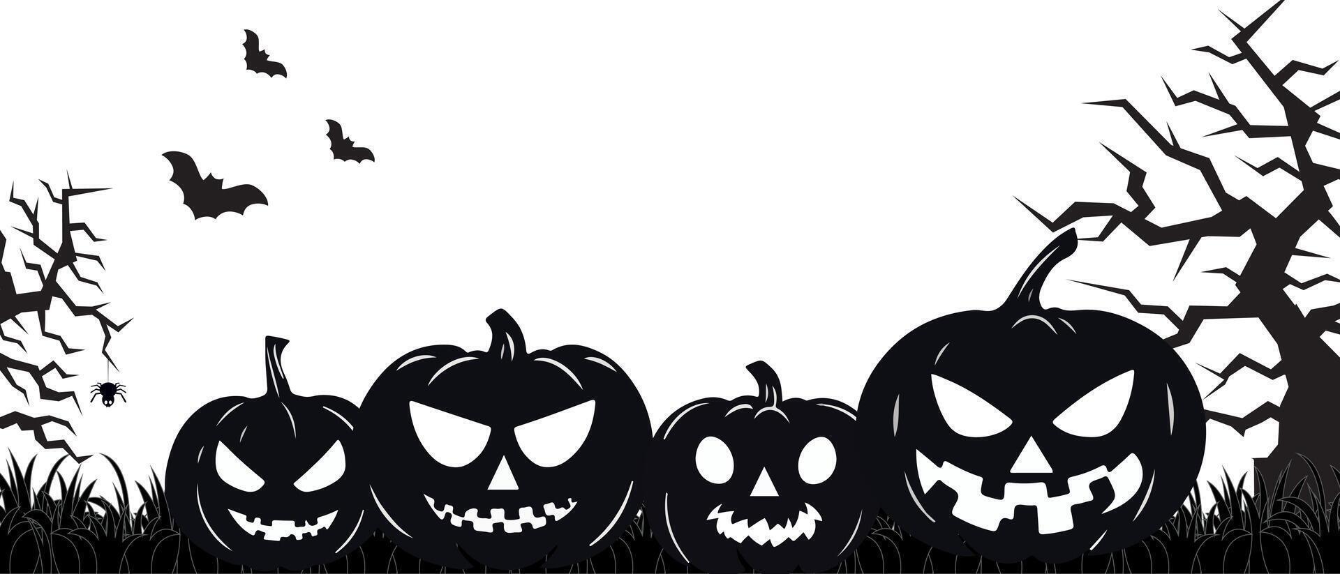 Scary silhouettes of creepy Halloween pumpkins. Black pumpkins with different evil faces in the grass on a white background, on Halloween night. vector