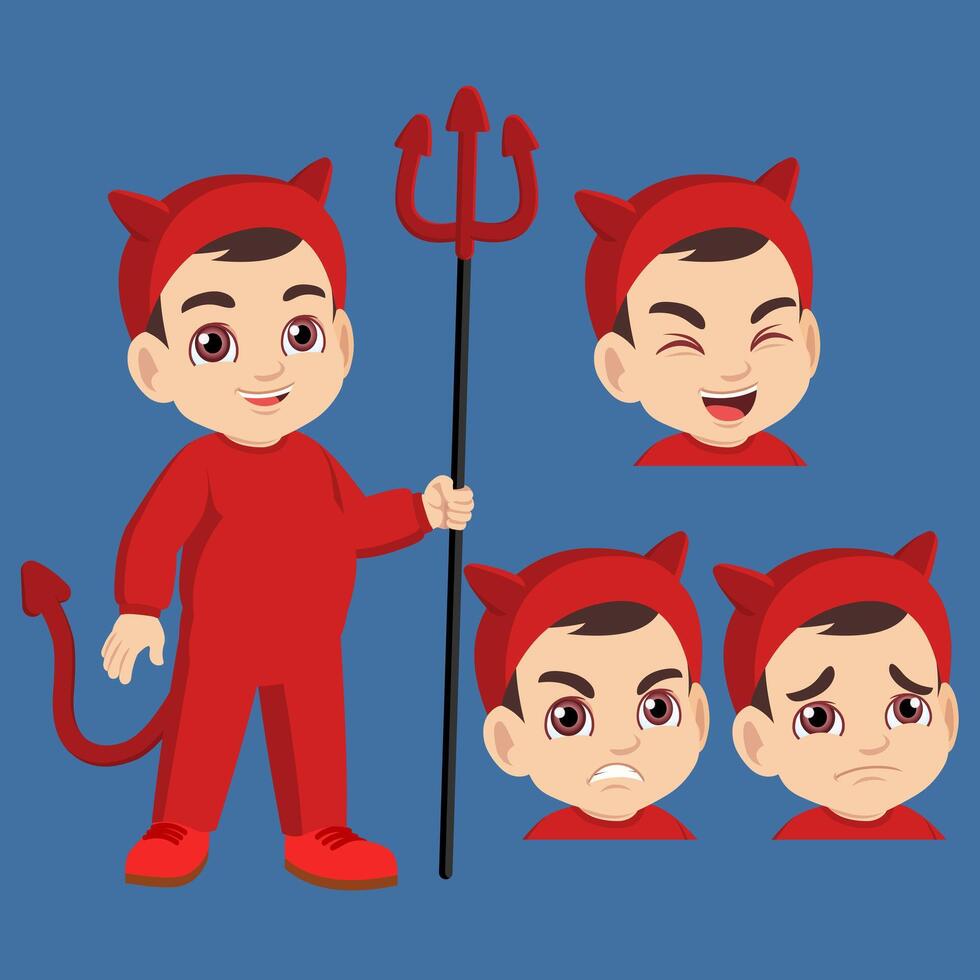 Cute little kid costume red evil demon celebrating Happy Halloween party with set of facial expression of angry, sad, smiling and laughing face vector