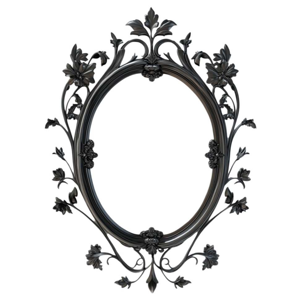 Ornate Black Frame with Flowers and Leaves AI-Generative png