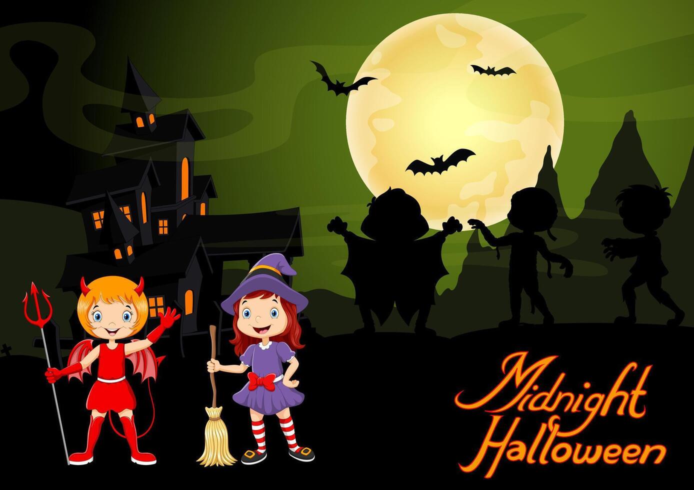 Cute child in a devil and witch costume. Halloween night background with haunted house and full moon vector
