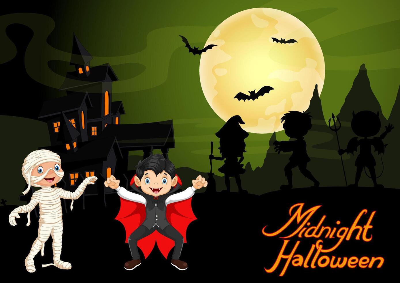 Cute child in a mummy and vampire costume. Halloween night background with haunted house and full moon vector