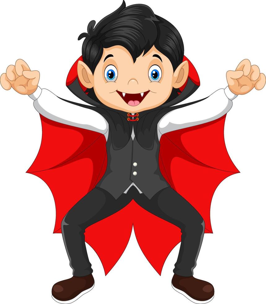 Cartoon happy child in a Halloween Vampire costume vector