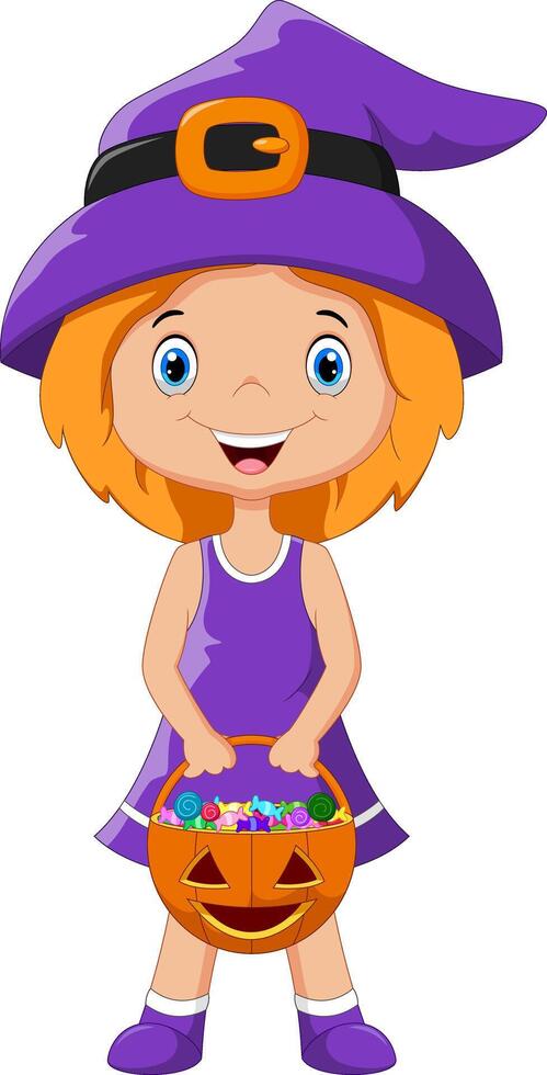 Little girl wearing witch costume holding pumpkin bucket filled with candy vector