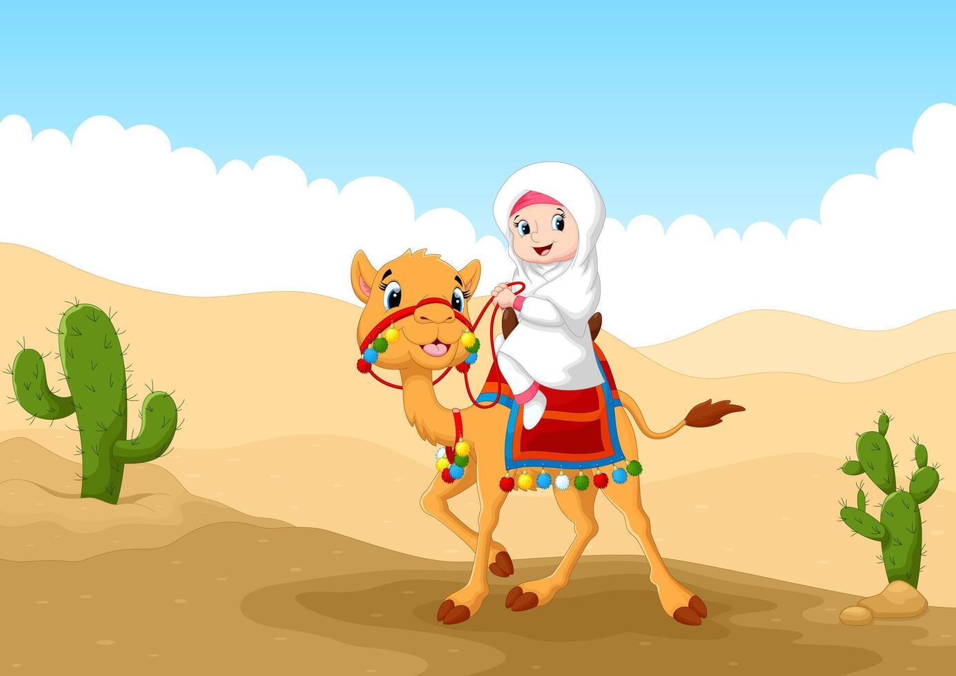 Arab girl riding a camel in the desert vector