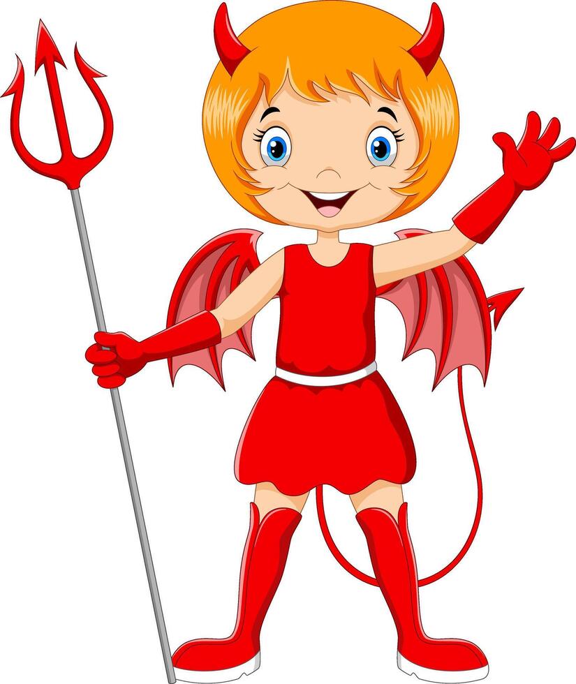 Cartoon little girl wearing Halloween devil costume vector