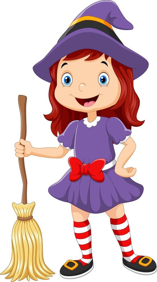 Cartoon little witch holding broomstick vector