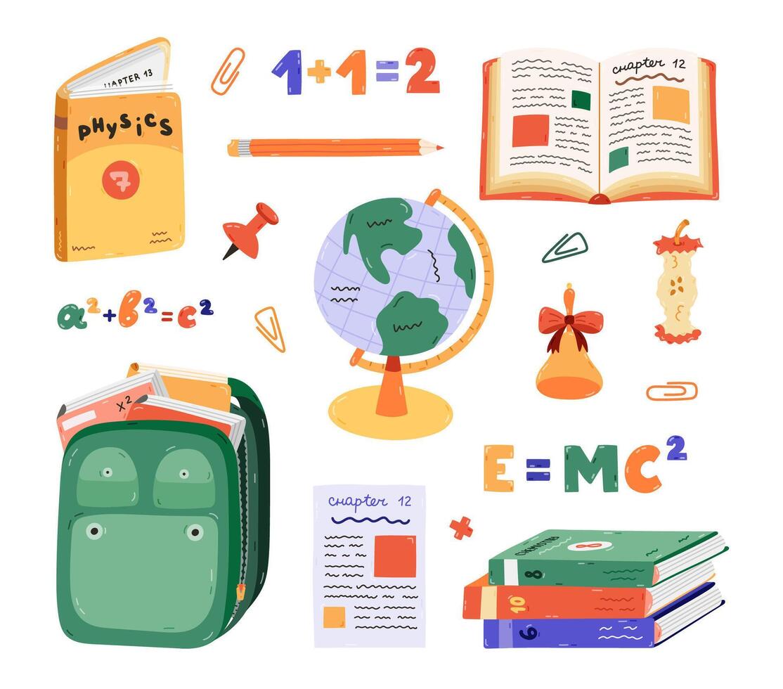 Cute cartoon set with kids school supplies. Hand drawn collection of schoolbag, textbook, globe, stationery, snack, bell, formula. Back to school clipart for study, draw and work isolated on white. vector