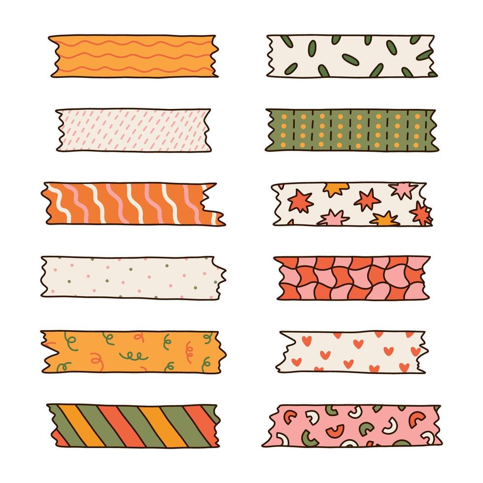 Colorful doodle set of washi tape stripes with squiggle, geometry, abstract, cute pattern. Adhesive tape with ornament. Trendy decorative scotch tape with ragged edges for scrapbook, planner, design vector