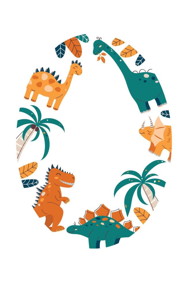Vertical oval frame with cute dinosaurs. Dinosaur Kids Style. Cute character. Flat illustration. vector