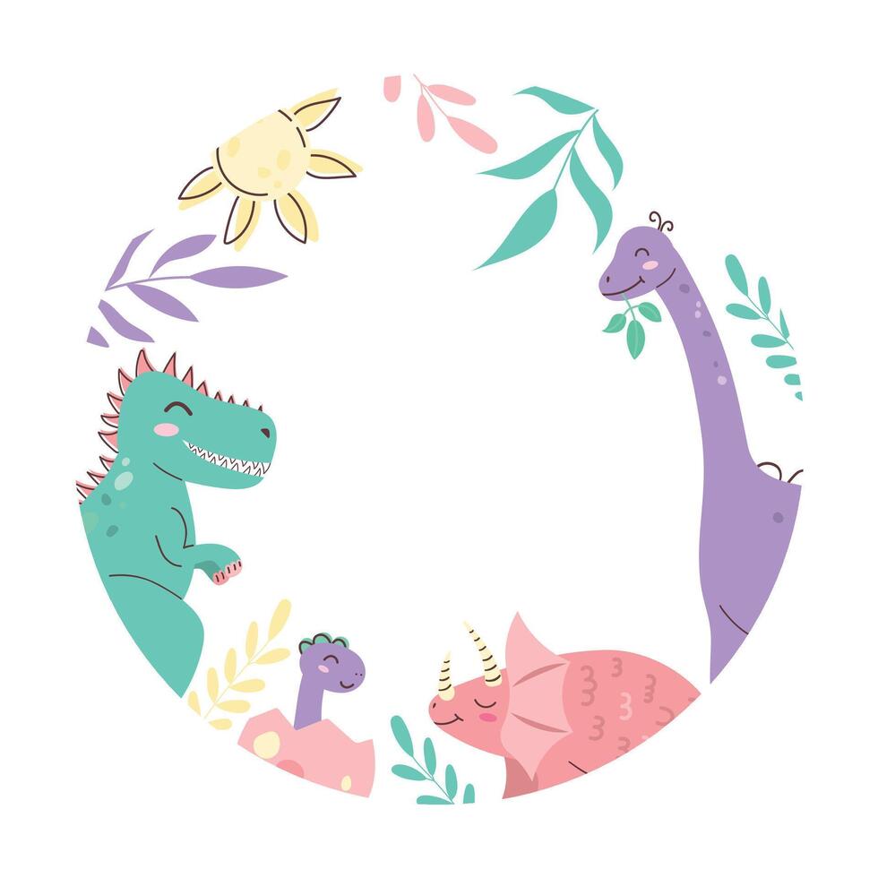 Round frame with cute dinosaurs. Dinosaur Kids Style. Cute character. Flat illustration. vector