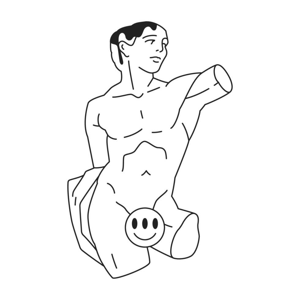 Y2k psychedelic Greek god sculpture censored contemporary pop art outline icon flat vector