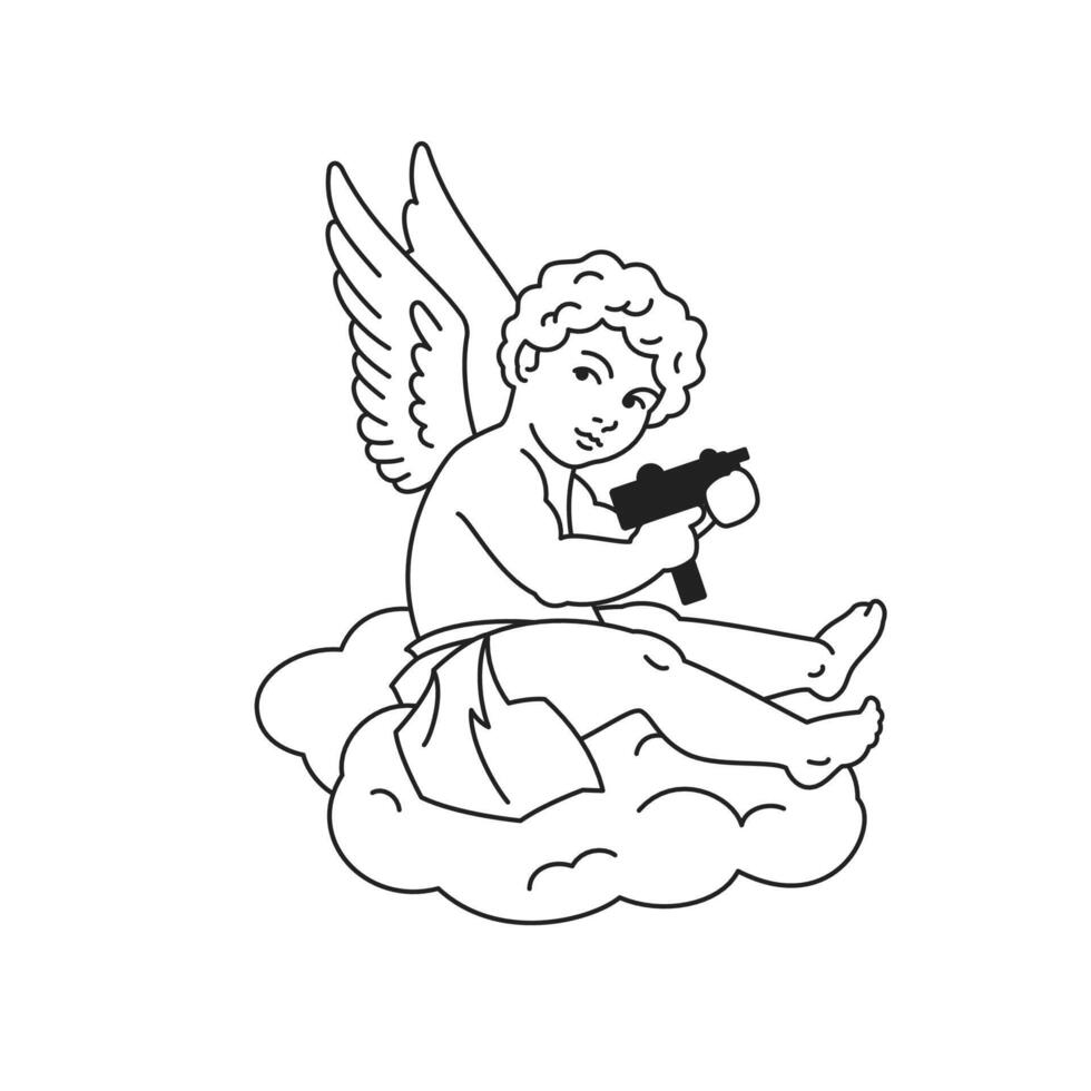 Baby boy Cupid angel with gun weapon surreal retro groovy line icon flat illustration vector