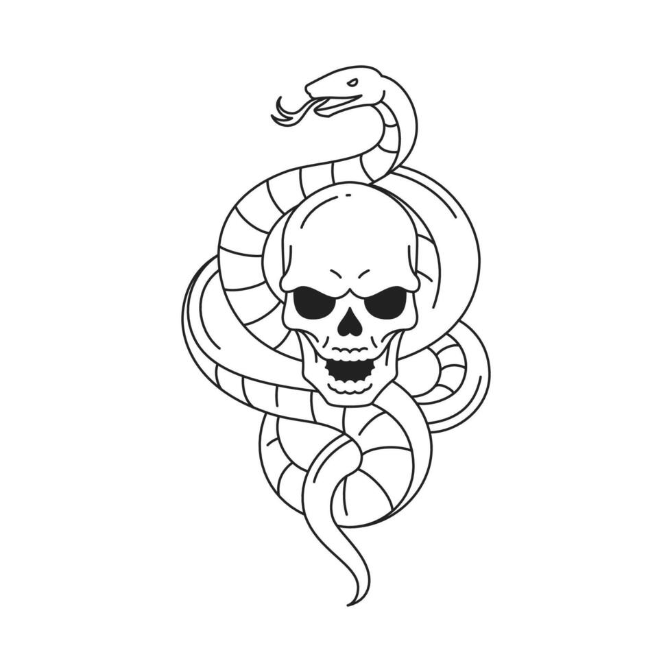 Y2k snake with skull neo gothic emo death psychedelic outline black icon illustration vector