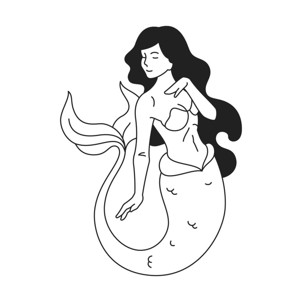 Y2k beautiful mermaid sea woman with long hair and tail black tattoo contour icon flat vector