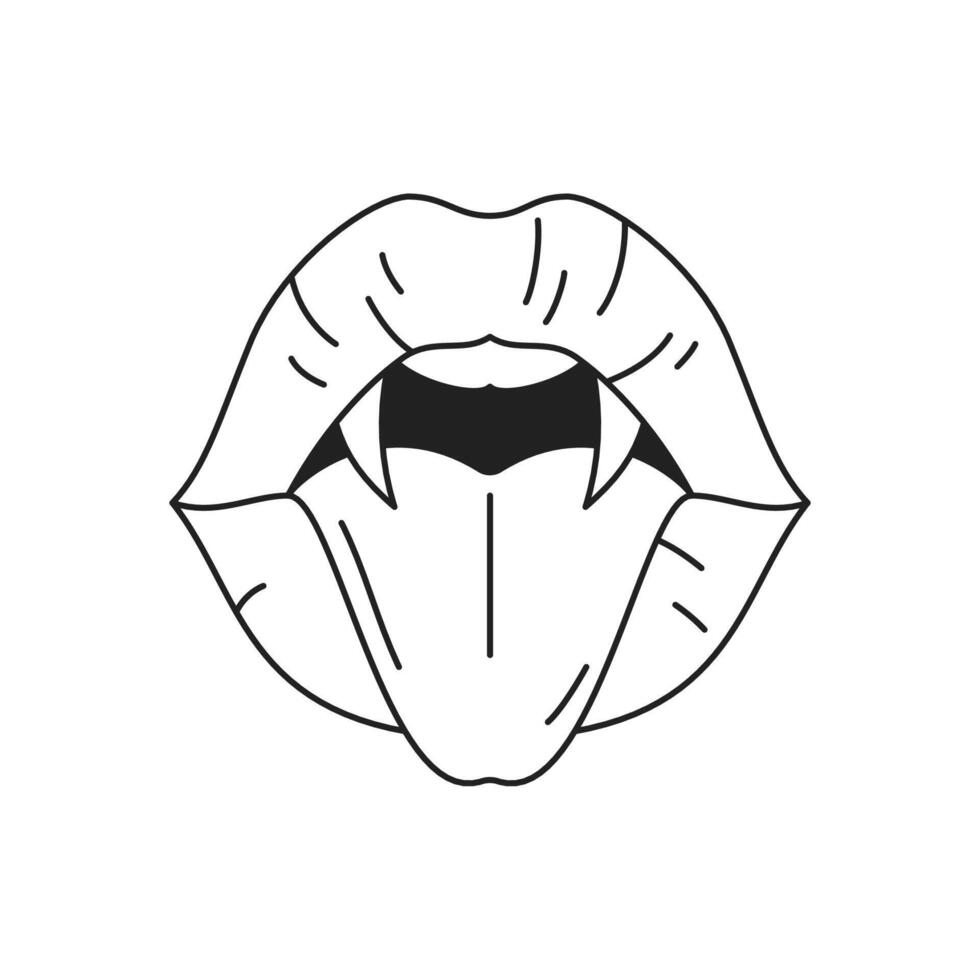 Y2k vampire lips with fangs tongue comic contemporary pop art outline icon flat illustration vector