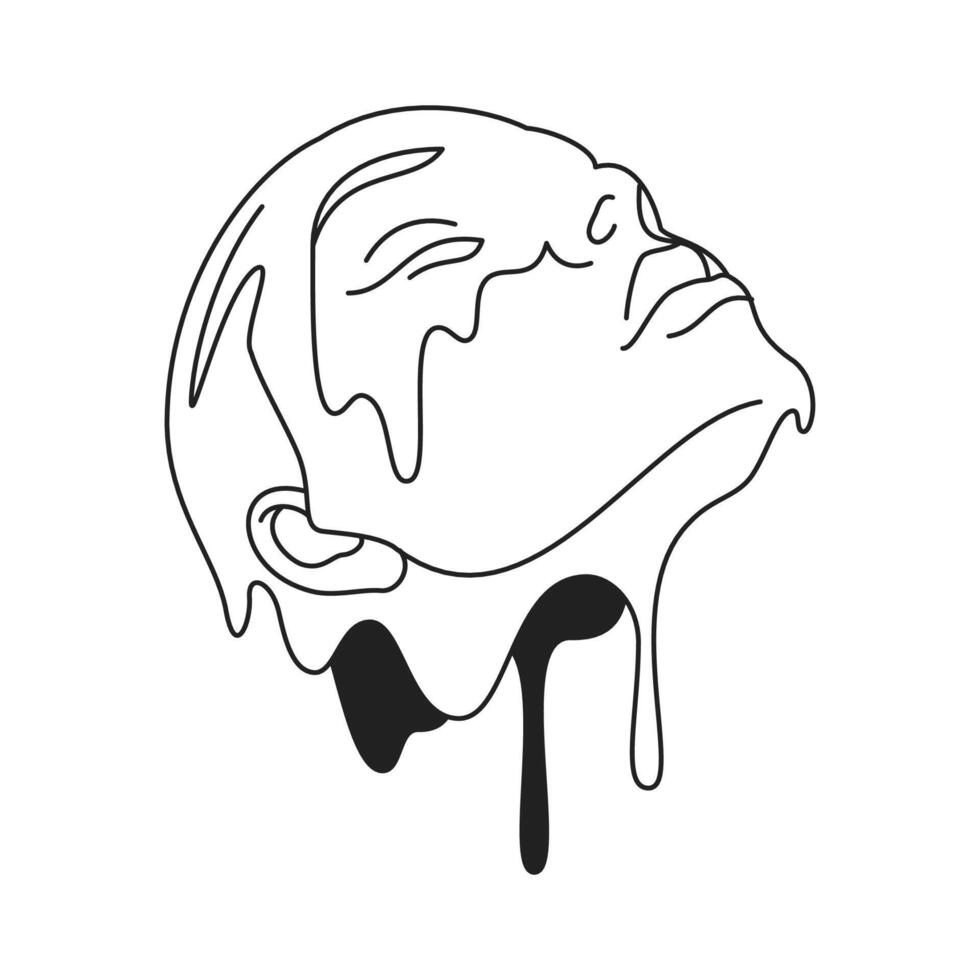 Y2k abstract melting human head with falling drop outline black icon flat illustration vector