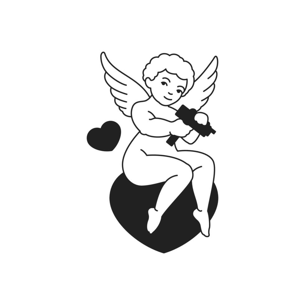 Cupid boy winged angel with gun sitting on heart comic Y2k retro black line icon flat vector